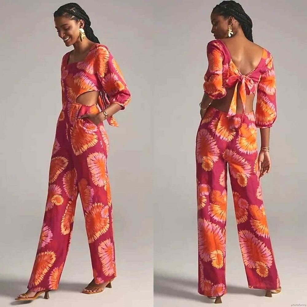 FARM Rio x Anthropologie Tie-Back Cutout Jumpsuit XL Vacation Chic Resort Orange